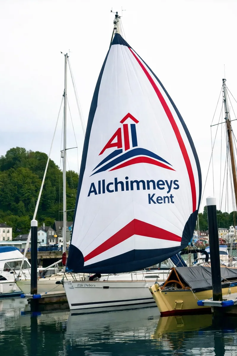 Allchimneys Kent boat in Dover Marina with branded sail, serving the Cinque Ports coastline